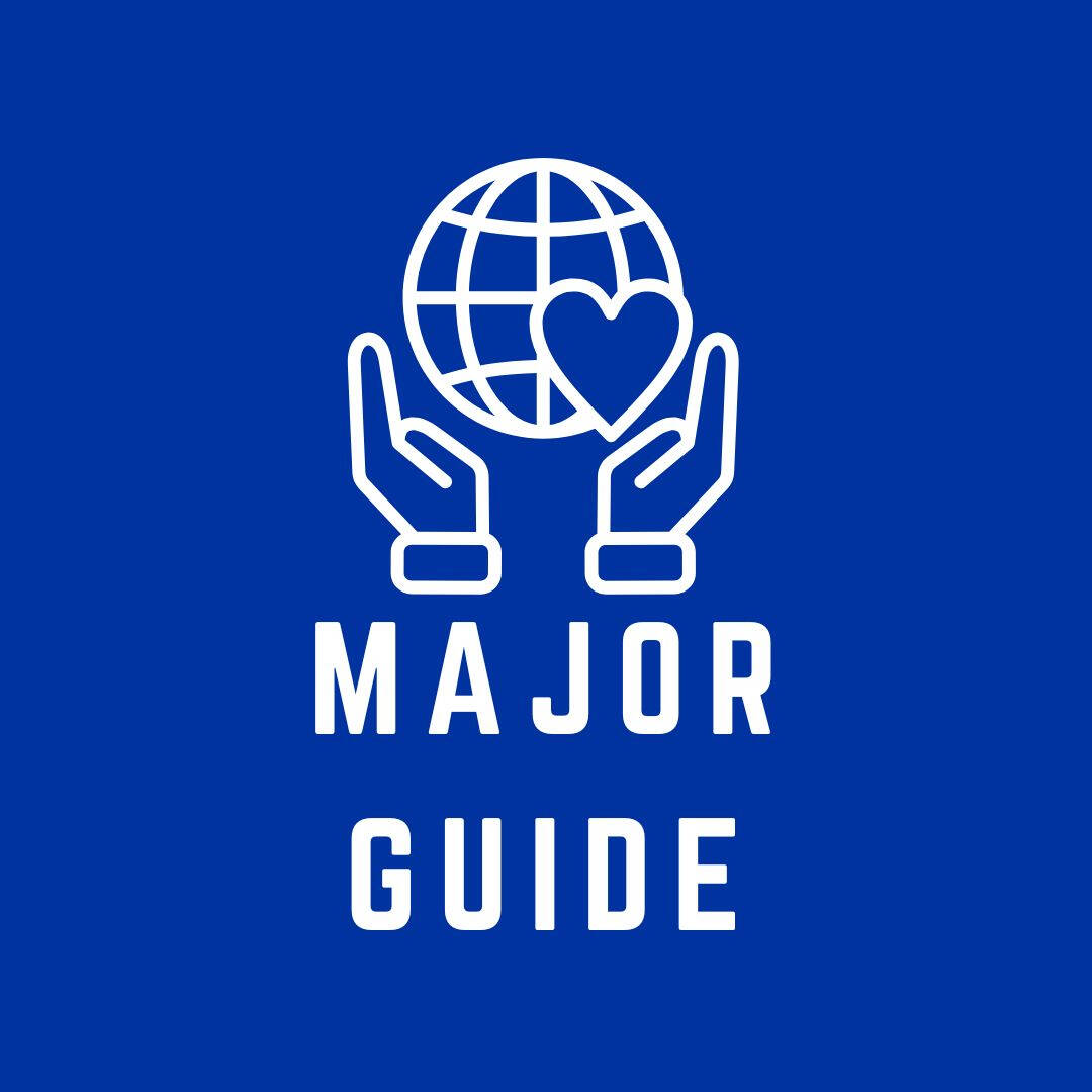blue logo for public, nonprofit, health administration major, image is a drawing of hands holding up the globe that reads "major guide"